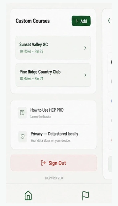 HCP PRO custom courses screen showing saved courses and account options