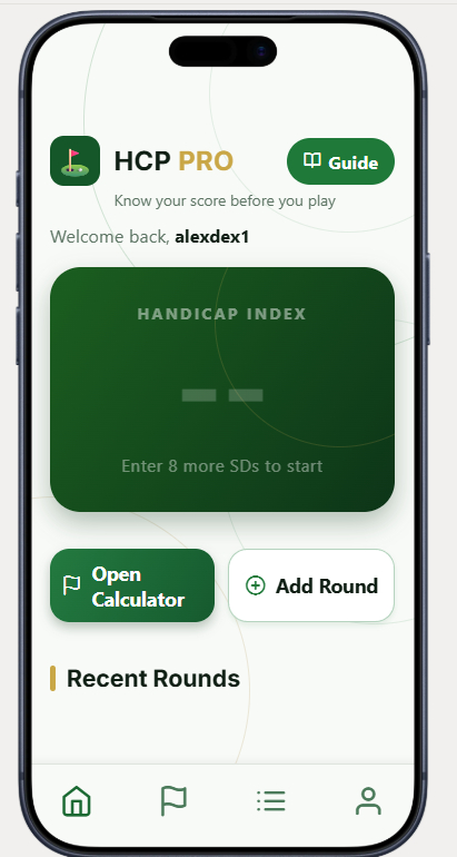 HCP PRO dashboard showing Handicap Index and recent rounds