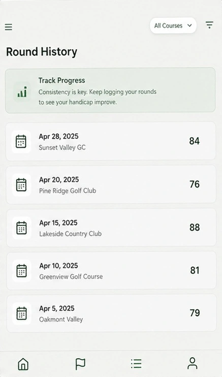 Complete HCP PRO round history screen with five saved rounds